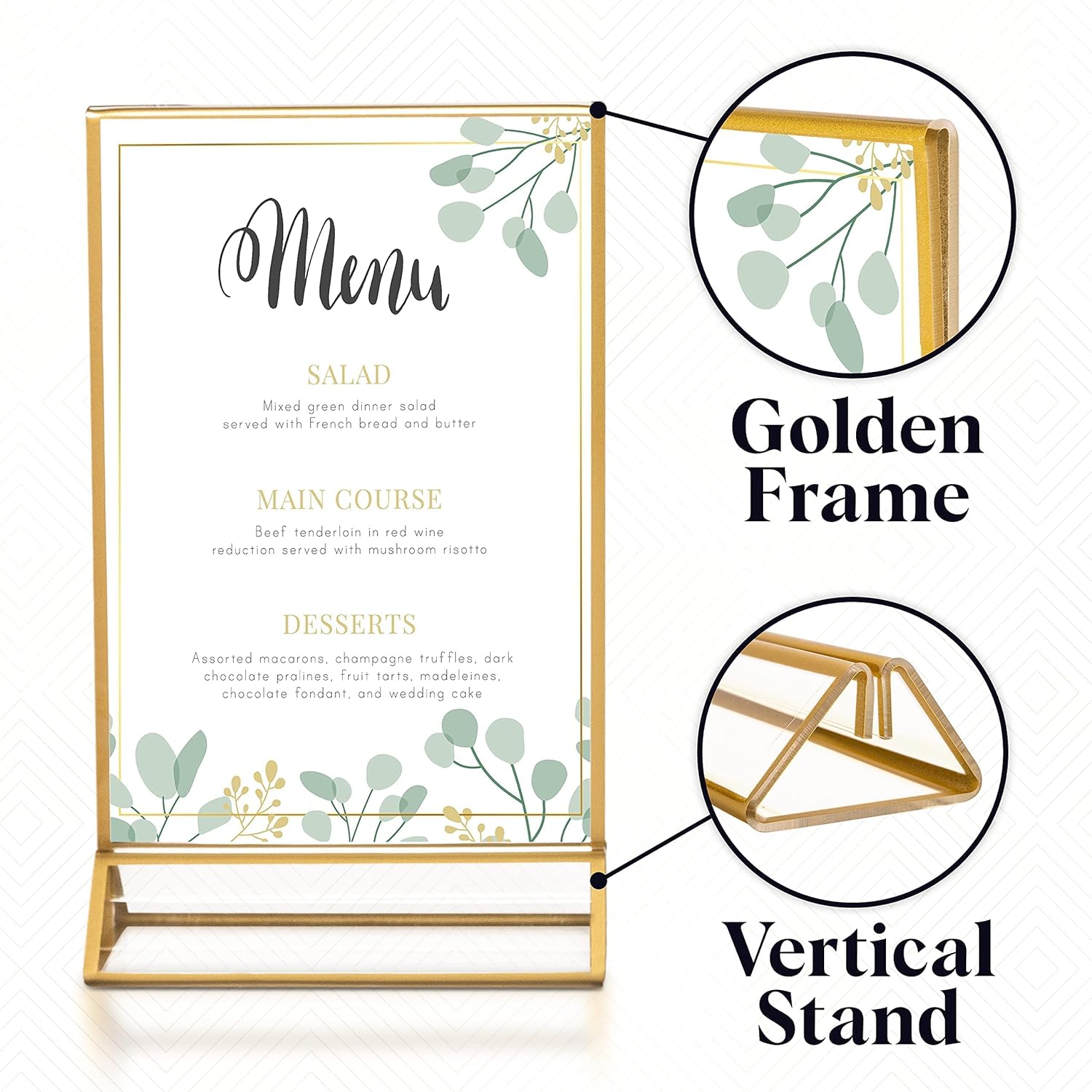 Modern acrylic frame showcasing wedding menu display.